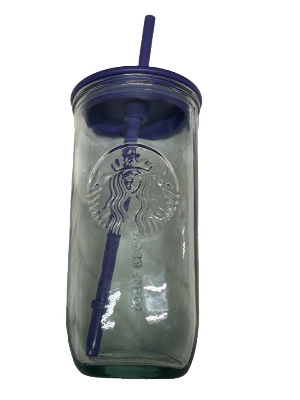 Starbucks Embossed recycled 16oz Glass Tumbler with Purple Lid & Straw